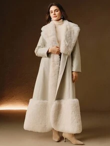 Anewsta Langer Kunstpelzmantel mit Gürtel, flauschiger zottiger Fellpatchwork, Herbst/Winter - Weiss - Übersicht 5