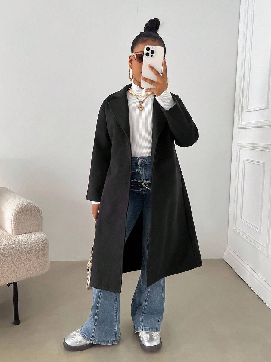 SHEIN 女童纯色休闲翻领长袖外套，秋冬外套，黑色长款大衣，女童长款风衣，儿童女童大衣 - 黑色 - 查看 1