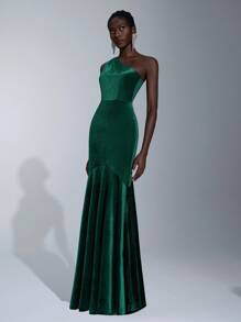 Elitara Asymmetrical Neck Mermaid Hem Velvet Bridesmaid Dress, Elegant Formal Evening Prom Wedding Guest Gown, For Graduation, Dinner Party Dress