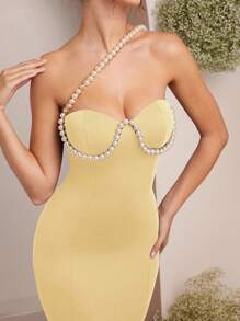L'Amorae Pearl Embellished Bustier Mermaid Maxi Dress - Yellow - View 2