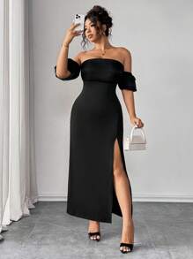 Elenzga Plus Size Women Elegant Solid Color Strapless Fitted Slit Casual Party Dress - Black - View 3