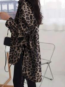 INAWLY 女式休闲蝙蝠袖长袖宽松豹纹衬衫 - 卡其色 - 查看 3