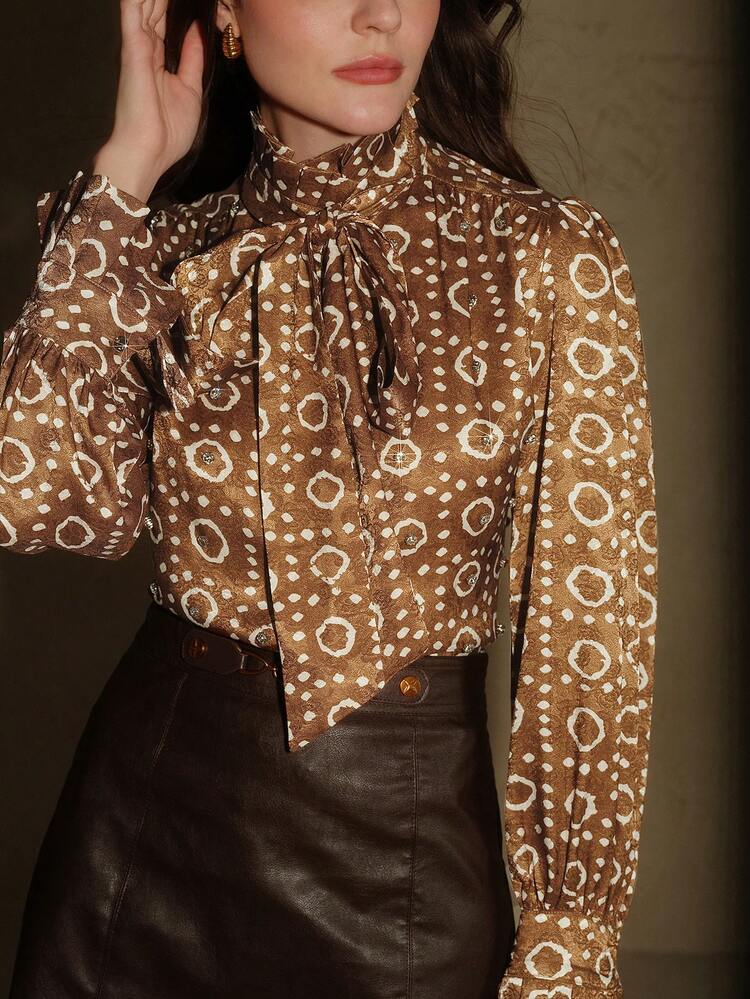 Women's Bowknot Ruffle Blouse, French Style Long Sleeve Pleated Collar Top, Autumn New Arrival