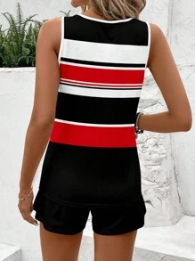 SHEIN LUNE Women's Sleeveless Round Neck Striped Color Block Tank Top & Shorts 2 Pieces Set - Multicolor - View 2