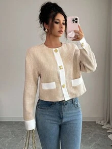 Siren Gaze جاكيت تويد فضفاضة مزينة بحافة معدنية أنيقة للخريف، جاكيت قصيرة، بليزر قصير للنساء، جاكيت خفيفة، جاكيت شتوية للنساء - لون مشمشي - مشاهدة 1