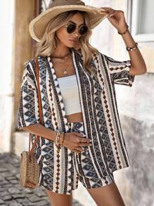 Brillora Geo Print Drop Shoulder Kimono & Tie Front Shorts - Multicolor - View 4