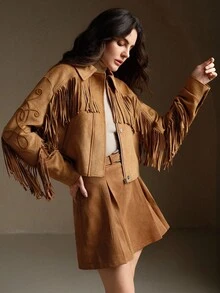 Anewsta Embroidered Tassel Decor Suede Casual Jacket - Brown - View 3