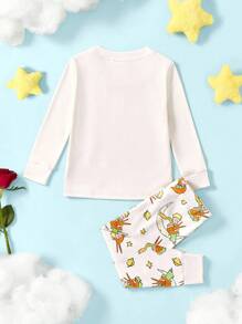 LE PETIT PRINCE X SHEIN Baby Boy Cartoon Fox & Planet Full Print Warm Early Autumn High Stretch Long Sleeve Top And Pants Pajama Set - Apricot - View 2