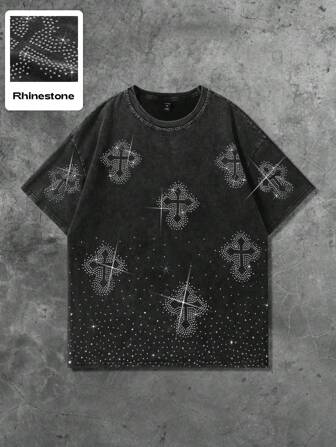 Street Life Men's T-Shirt With Cross Pattern Glitter Effect, Vintage American Street Style