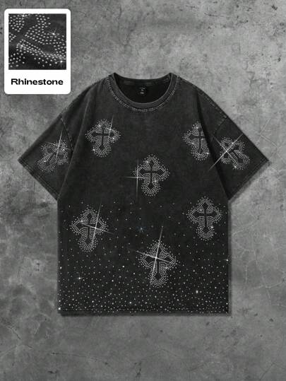 Goth Camiseta de hombre con efecto brillo de patrón de cruz, estilo callejero americano vintage, estilo de los años 2000