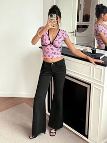 Chiquease Women's Elegant Fashion Minimalist Fitted Floral Bouquet Print Mesh Ribbon Bow T-Shirt, Versatile For Summer Clothes For University