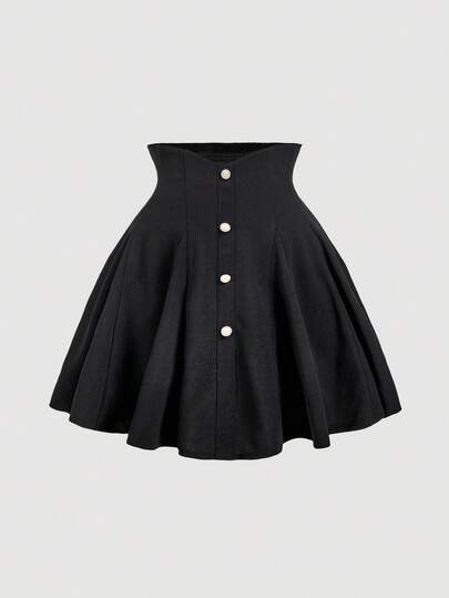 SHEIN MOD Plus Size Women's High Waist A-Line Skirt With Faux Pearl Buttons, Vintage Palace Style, Suitable For School, Dates, Parties, Holidays, Tea Parties, Birthday Occasions,Autumn,Easter,Rave Festival,Concert,Brunch,Business Casual Black Mini Skirt High Waisted Mini Skirt Black Pleated Skirt Black Skater Skirt Button Front Mini Skirt,