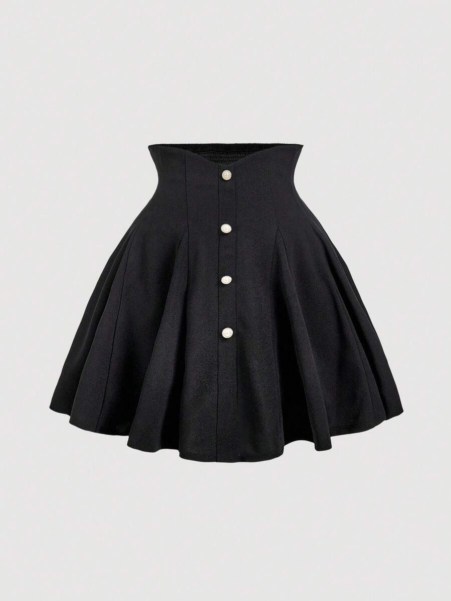 SHEIN MOD 大码女式高腰 A 字裙，带仿珍珠纽扣，复古宫廷风格，适合学校、约会、派对、节日、茶会、生日场合、夏季、复活节、狂欢节、音乐会、早午餐、商务休闲 - 黑色 - 查看 1