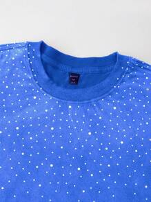 ROMWE MEN Street Life 男士闪亮钻石洗水T恤，宽松短款 - 藍色 - 查看 3