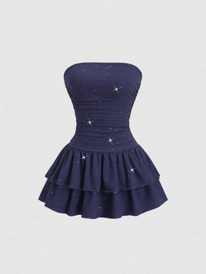 Sweetra Nuevo vestido mini elegante y casual de tela brillante con volantes escalonados, cintura ceñida y ajuste ceñido, para el verano