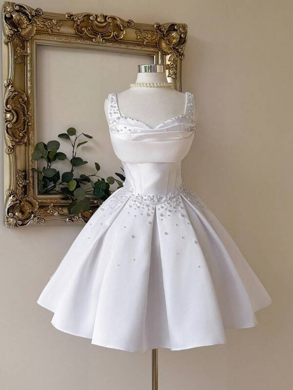 Lovelzi Elegante, lujoso, noble, vestido estilo palacio de satén blanco con escote corazón sin tirantes, silueta de sirena con decoración de perlas, bajo acampanado, adecuado para despedida de soltera, boda, graduación, vacaciones, fiesta de novia