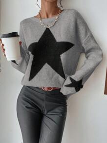 EMERY ROSE Pull oversize à motif étoile color block, tricot automne/hiver - Gris foncé - Voir 6
