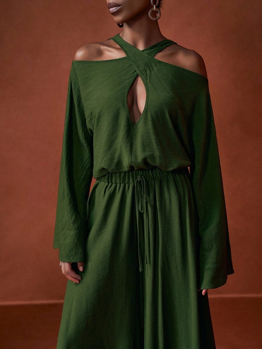 Zivah 2025新款秋季秋夏日常约会通勤商务淑女优雅沙滩邮轮派对简约网红爆款生日派对高端派对交叉领露肩露胸荷叶边长袖喇叭袖宽松上衣+阔腿裤超宽松长裤套装深军绿色女士两件套-A - 軍綠色 - 查看 1