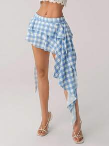 SHEIN ICON 女式浅蓝色格纹不对称下摆低腰格子印花迷你裙 - 藍色 - 查看 3