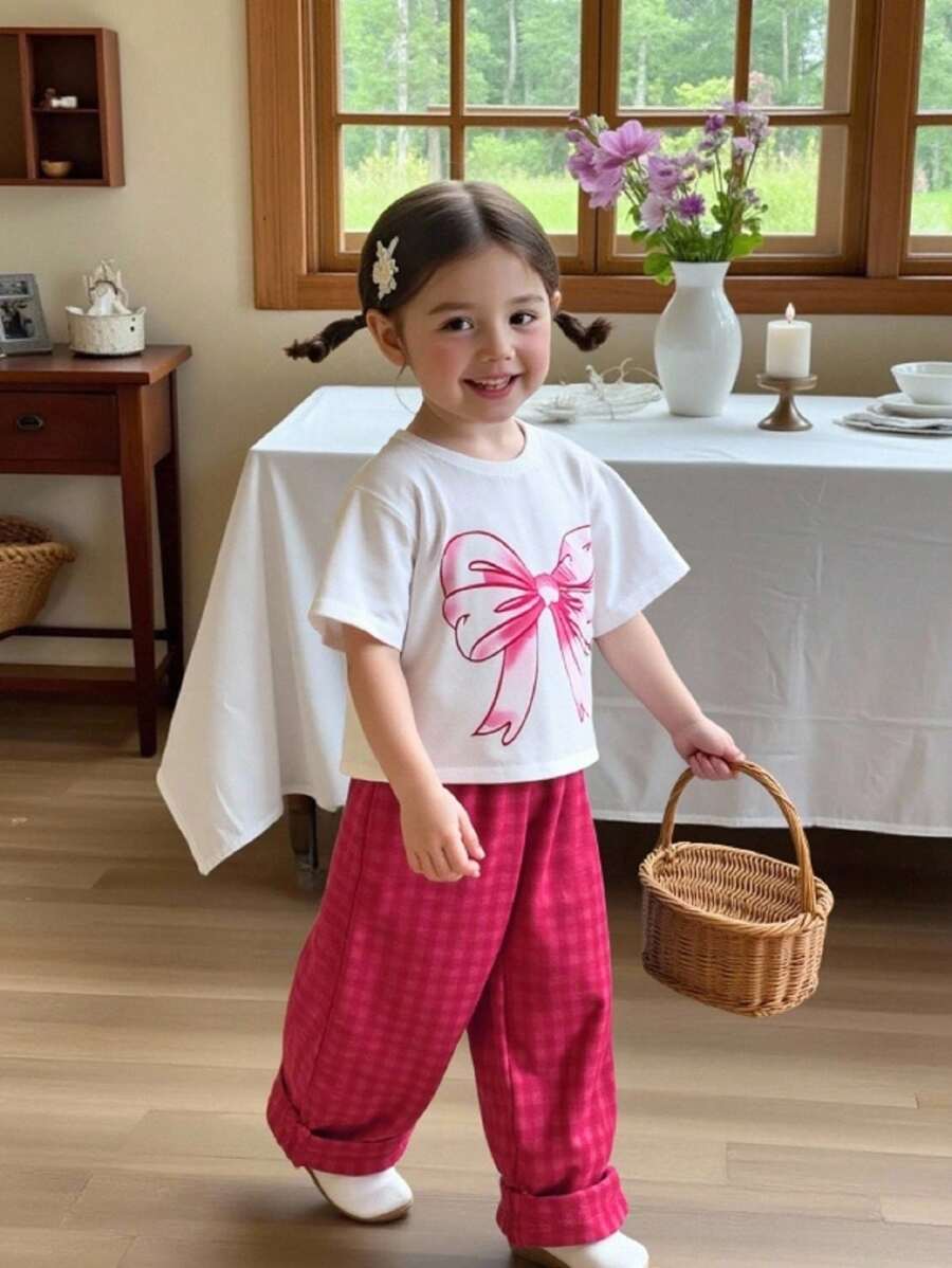 SHEIN 2 件套可爱卡通熊印花上衣和格子裤，女孩夏季休闲装 - 白色 - 查看 1