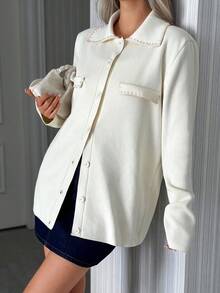 EURMUSE Cardigan de malha com bolso falso e gola polo feminino - Creme - Ver 3