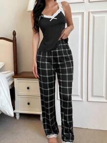 SHEIN 撞色蕾丝拼布吊带背心和格子印花裤女士睡衣套装