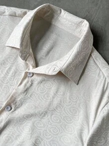 Manfinity Homme Bộ áo sơ mi và quần short jacquard trơn màu thường ngày mùa hè dành cho nam - Màu be - Xem 4