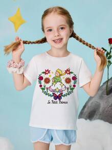 LE PETIT PRINCE X SHEIN Áo thun cotton dệt kim cổ tròn tay ngắn họa tiết trái tim và hoa nhiều màu sắc cho bé gái - trắng - Xem 4