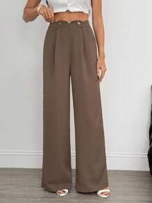 SHEIN Tall Women's Coffee Brown Metal Button Decoration Wide-Leg Elegant Suit Pants For Commuting Women Brown Slacks Women Office Pants Brown Dress Pants For Women Brown Business Casual Pants For Women Dress Pants For Women - Coffee Brown - View 3