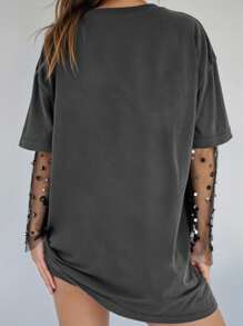 SHEIN EZwear 大码女式休闲标语和骷髅印花圆领落肩宽松T恤，夏季 - 深灰色 - 查看 2