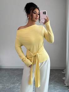 Elenzga Knitted Asymmetric Neck Cinched Waist Women T-Shirt, Minimalist Elegant Tie-Up Women Top Fall Cloth For Women