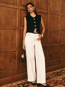 Poéselle 女士纯色金属单排扣休闲针织背心，女士冬季毛衣，女士外出上衣，圣诞毛衣，商务休闲女装，老钱风，优雅女士，经典女士，秋冬款 - 黑色 - 查看 5