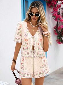 Vivid Eden 女士度假休闲花卉印花系带衬衫和短裤两件套，女士夏季两件套，波西米亚风两件套，花卉两件套短裤套装，女士夏季度假服装，女士短裤套装，女士两件套夏季套装，女士度假短裤套装，波西米亚风女装夏装