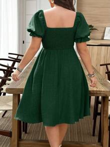 Breezaya Plus Size Women's Solid Color Faux Denim Puffy Sleeve Decorated Button Front Dress - Dark Green - View 2