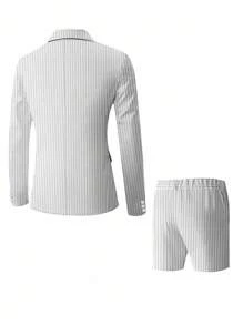 Manfinity Bizformal 男士商务休闲条纹长袖西装外套和短裤套装男士两件套西装套装男士两件套细条纹西装男士男士服装两件套男士细条纹短裤套装 - 白色 - 查看 2
