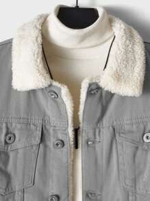 SHEIN Cottnline Men's Denim Jacket With Fur Collar And Lining - Light Grey - View 4