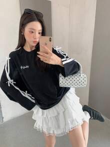 SHEIN 青少年女孩黑色针织返校拼色条纹宽松圆领插肩袖撞色丝带棕色蝴蝶结长袖甜美休闲 T 恤，Y2K，春秋冬，返校季 - 黑色 - 查看 5