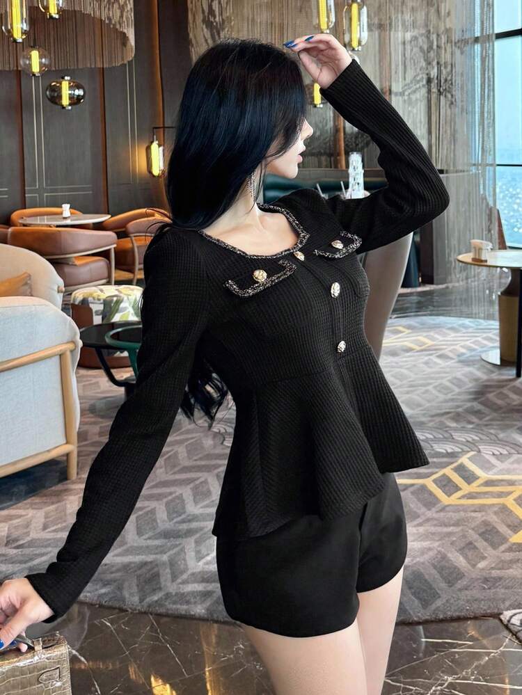 Women's Lace Patchwork Fitted Square Neck Metal Button Cuff Flared Hem Elegant Long Sleeve Top, Autumn/Winter,Fall Women Clothes
