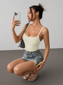 SHEIN PETITE Women's Ribbed Ribbed High Elastic Tight Suspender White Bodysuit - White - View 3