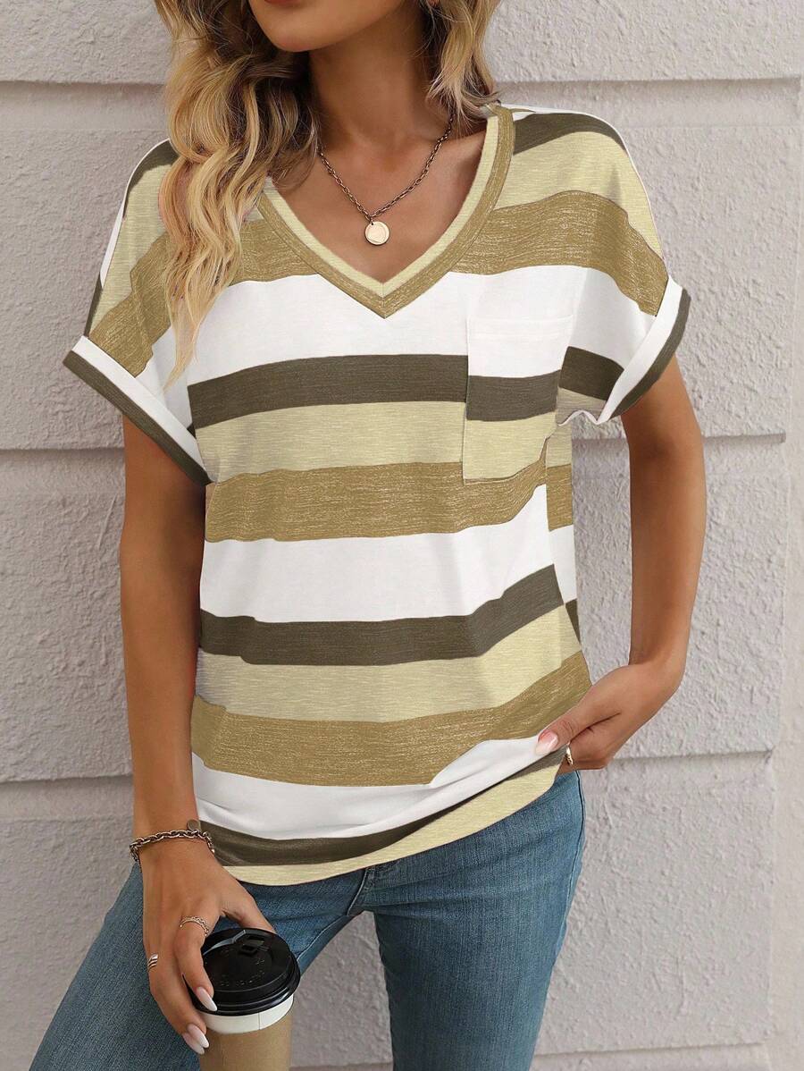 EMERY ROSE Striped Print Batwing Sleeve Tee Graphic Tees Women Tops - Multicolor - View 1