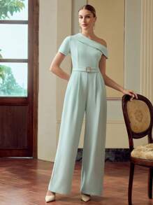 ZEYLAH Women's Solid Color Oblique Shoulder Pleated Design Pocket Wide Leg Elegant Jumpsuit - Green - View 6