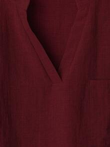 EMERY ROSE 秋季大码女式休闲度假酒红色长袖衬衫和印花裤套装（带口袋）2 件套 - 酒紅色 - 查看 7