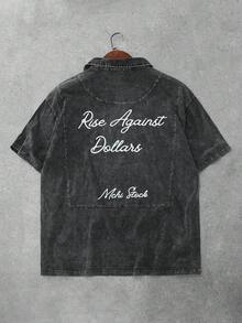 Manfinity EMRG 1pc Men Letter Pattern Zipper Acid Wash Polo Shirt