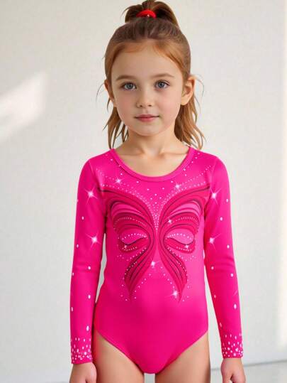 1pc Girls' Fuchsia Butterfly Print Gymnastics Leotard, Professional Training & Competition, 3/4 Sleeve, Suitable For All Seasons Fall Winter