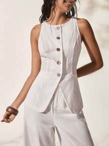 Easelle Set de 2 piezas Top de Tirantes y Pantalones Lisos de Mujer para Vacaciones - Blanco - Ver 1