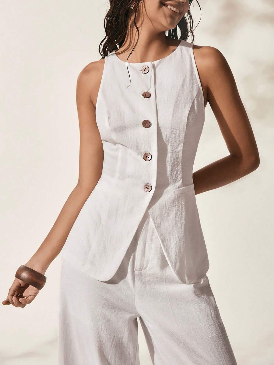 Easelle Set de 2 piezas Top de Tirantes y Pantalones Lisos de Mujer para Vacaciones - Blanco - Ver 1