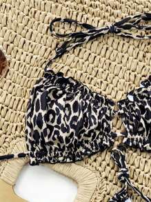 SHEIN Swim 2pcs Women's Sexy Halter Leopard Print Bikini Top, Ruffle Trim, Random Print For Summer Beach Vacation - Multicolor - View 4