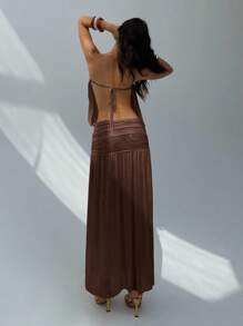 Aloruh Women's New Arrival Sleeveless Solid Color Dress, Summer Clothing, Backless Dress With Drapery Design, Long Dress With Umbrella Hem, Sheer Dress - Brown - View 8