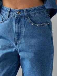 MISSGUIDED Calça jeans de cintura alta com perna reta e detalhes cravejados, calças largas com rebites e bolsos enfeitados, moda festa, boate, noite, peça de moda, calça jeans estética