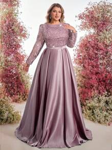 Glamrae Plus Size Elegant Romantic Boat Neck Long Sleeve Sheer Beaded Embroidered Patchwork A-Line Formal Gown - Pink - View 4
